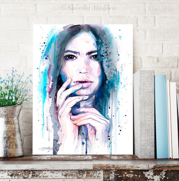 Blue Girl watercolor painting print by Slaveika Aladjova, Fashion Illustration, Woman art, Illustration, watercolour, wall art, home decor