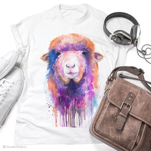 Colorful Sheep T-shirt, Unisex T-shirt with sheep print, farm animal tees, Sheep Lover Gift, watercolor print, ring spun Cotton 100%,