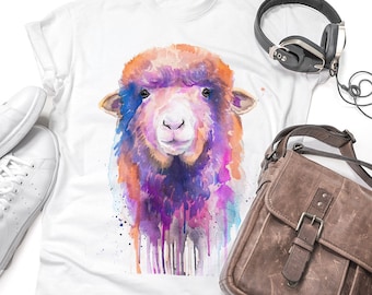 Buntes Schaf T-shirt, Unisex T-shirt mit Schafdruck, Bauernhof Tier T-Shirts, Schaf Liebhaber Geschenk, Aquarell Druck, ringgesponnene Baumwolle 100%,