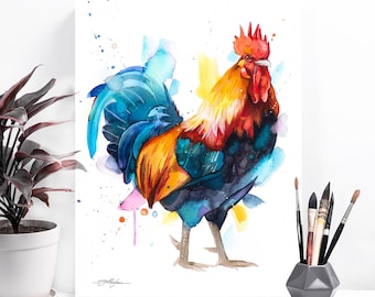 Rooster watercolor painting print by Slaveika Aladjova, animal art, illustration, bird, home decor, wall art, portrait, boho poster
