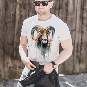 Mouflon Print T-shirt, Watercolor artwork, Cotton Tee With Animal Print, Graphic Tee, Art, Ram, Horns, Colourful