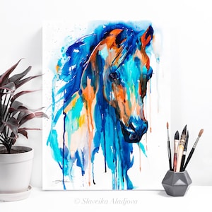 Blue Horse watercolor painting print by Slaveika Aladjova, art, animal, illustration, home decor, wall art, gift, portrait, Contemporary