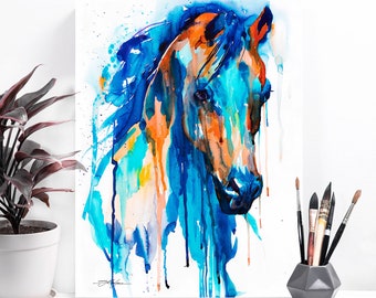 Blue Horse watercolor painting print by Slaveika Aladjova, art, animal, illustration, home decor, wall art, gift, portrait, Contemporary