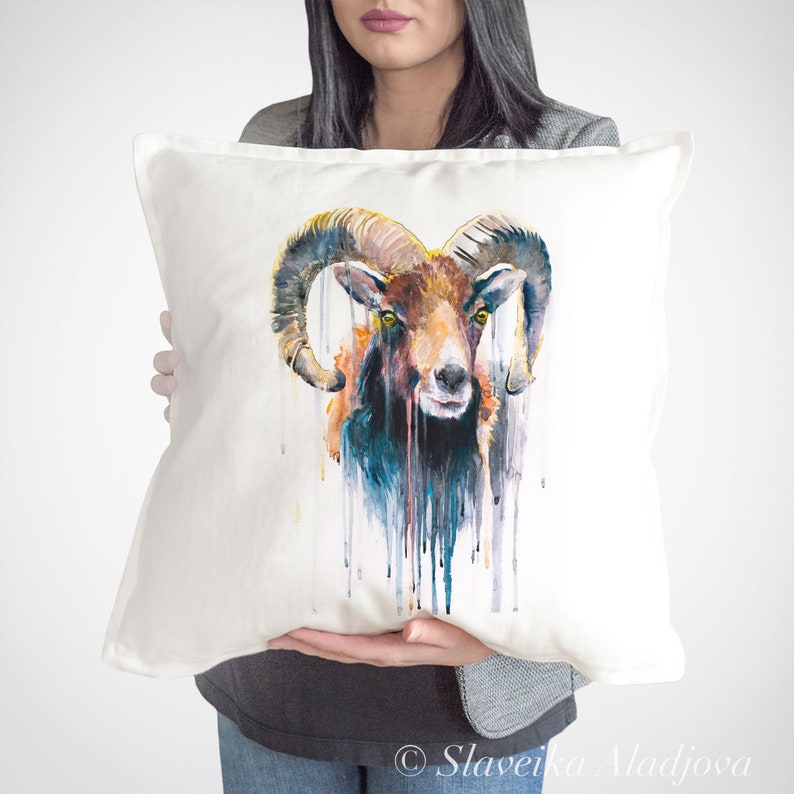 Mouflon throw pillow cover by Slaveika Aladjova, cushion cover, Decorative Pillow Cover, Animal Art, Watercolor pillow, Christmas gift image 1