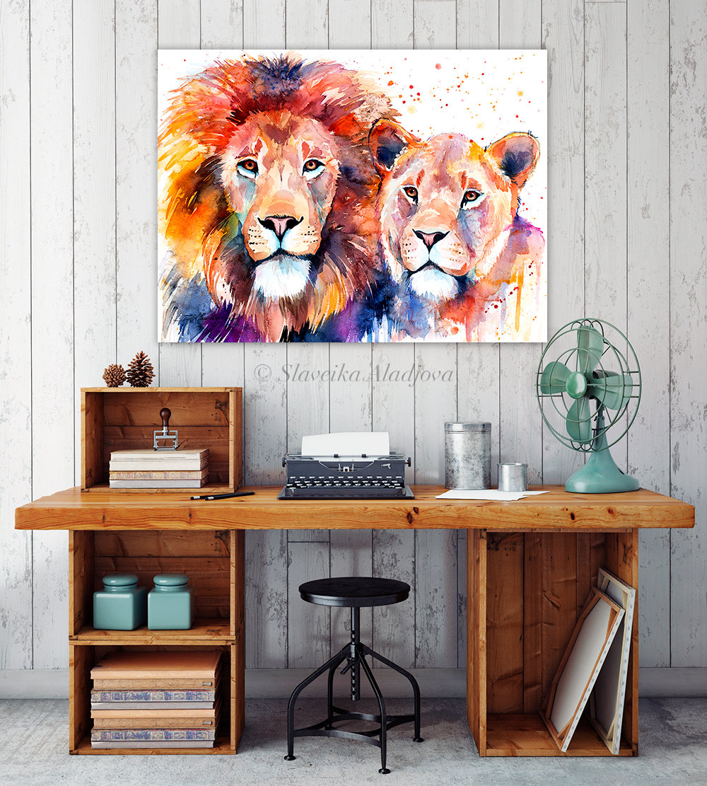 Lion Lioness Love Limited Edition Watercolor Art Print by Slaveika ...