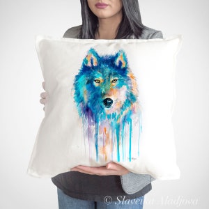 Cubierta del cojín del lobo, almohada del tiro, cubierta del cojín decorativo, arte animal, almohada de la acuarela, impresión del lobo lindo