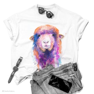 Colorful Sheep T-shirt, Watercolor ladies&#39; T-shirt, women&#39;s tees, Sheep Lover Gift, Funny Sheep T-Shirt, ring spun Cotton 100%, print