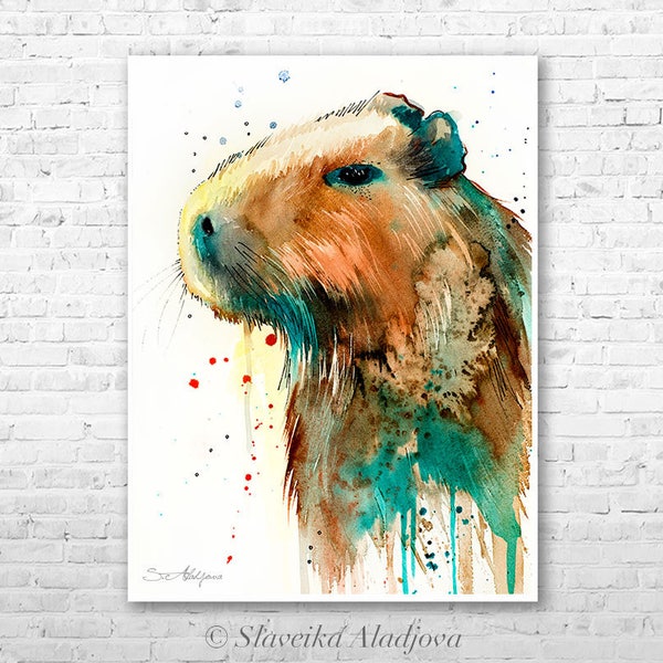 Capybara watercolor painting print by Slaveika Aladjova, art, animal, illustration, home decor, Nursery, gift, Wildlife, wall art,