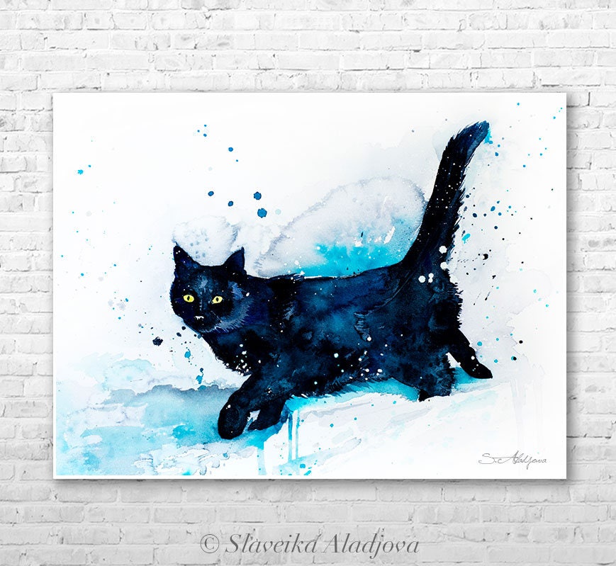 Cat Art Black Cat Watercolor Black Cat Art Print Black Cat Wall Art ...