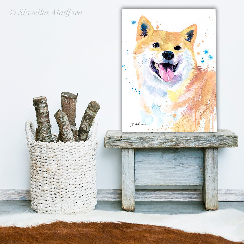 クリーム柴犬限定版水彩画アートプリントSlaveika Aladjova、動物
