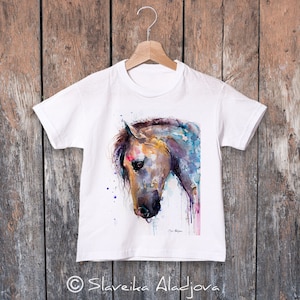 Horse watercolor kids T-shirt, Boys' Clothing, Girls' Clothing, ring spun Cotton 100%, watercolor print T-shirt,T shirt art image 1