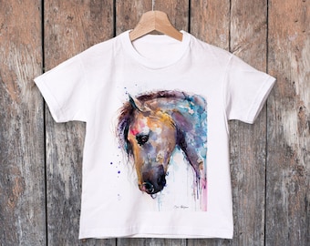 Horse watercolor kids T-shirt, Boys' Clothing, Girls' Clothing, ring spun Cotton 100%, watercolor print T-shirt,T shirt art