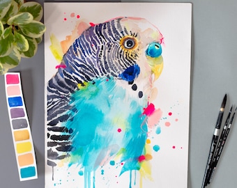 Budgerigar Parrot Limited Edition Watercolor Art Print by Slaveika Aladjova, animal, illustration, bird, home decor, painting, Exotic bird