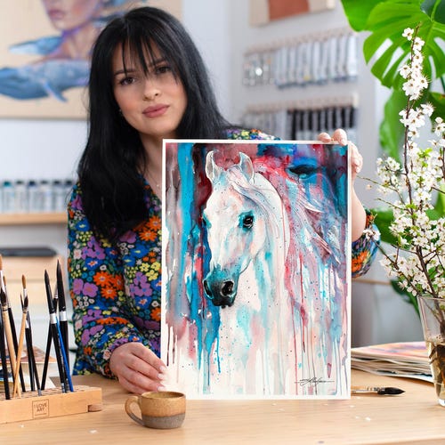 Impression d'aquarelle cheval blanc par Slaveika Aladjova, art, animal, illustration, décoration intérieure, pépinière, cadeau, faune, art mural,