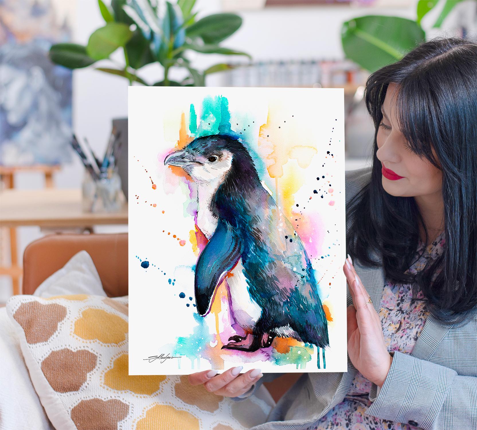 絵画　油絵　原画　ペンギン　海　ブルー　F4 原画 油絵 青の彼方 海のアート 絵画 抽象画 F4号 青緑×白
