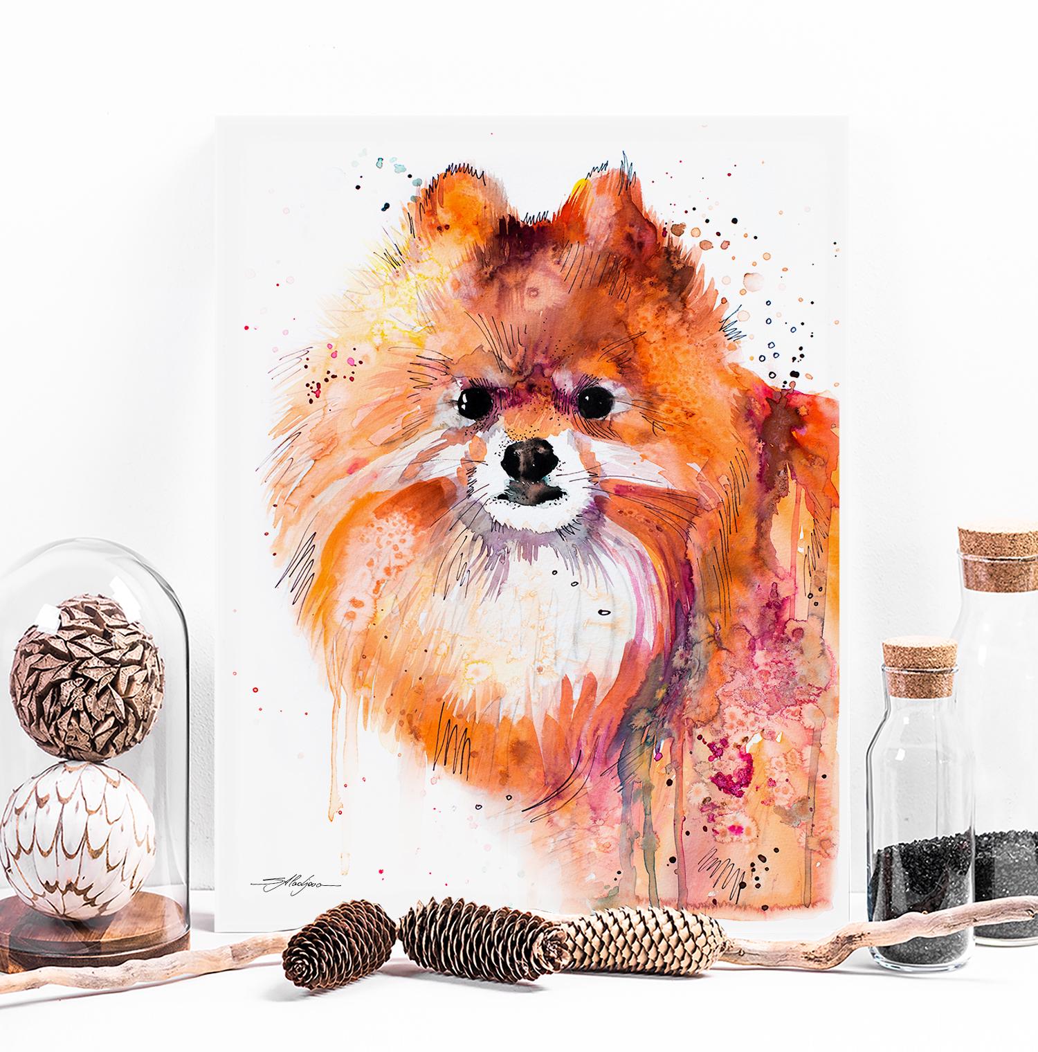 スラベイカ・アラジョワによるポメラニアンの水彩画プリント、動物