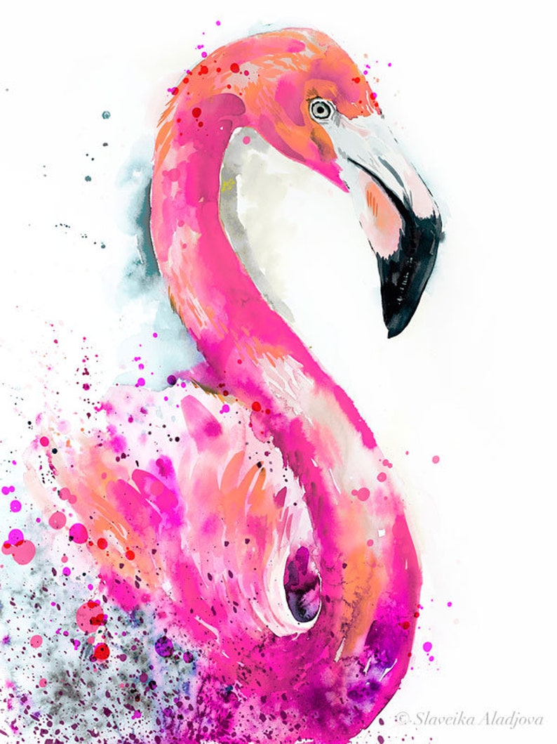 Pink Flamingo watercolor painting print by Slaveika Aladjova, art, animal, illustration, bird, home decor, wall art, gift, Wildlife image 2