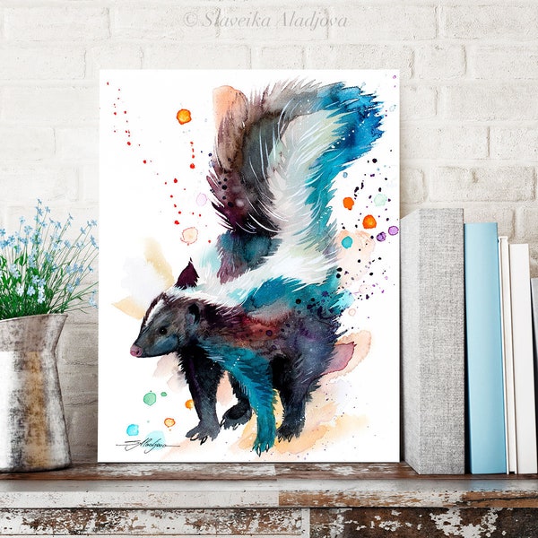 Skunk watercolor painting print by Slaveika Aladjova, art, animal, illustration, home decor, Nursery, gift, Wildlife, wall art