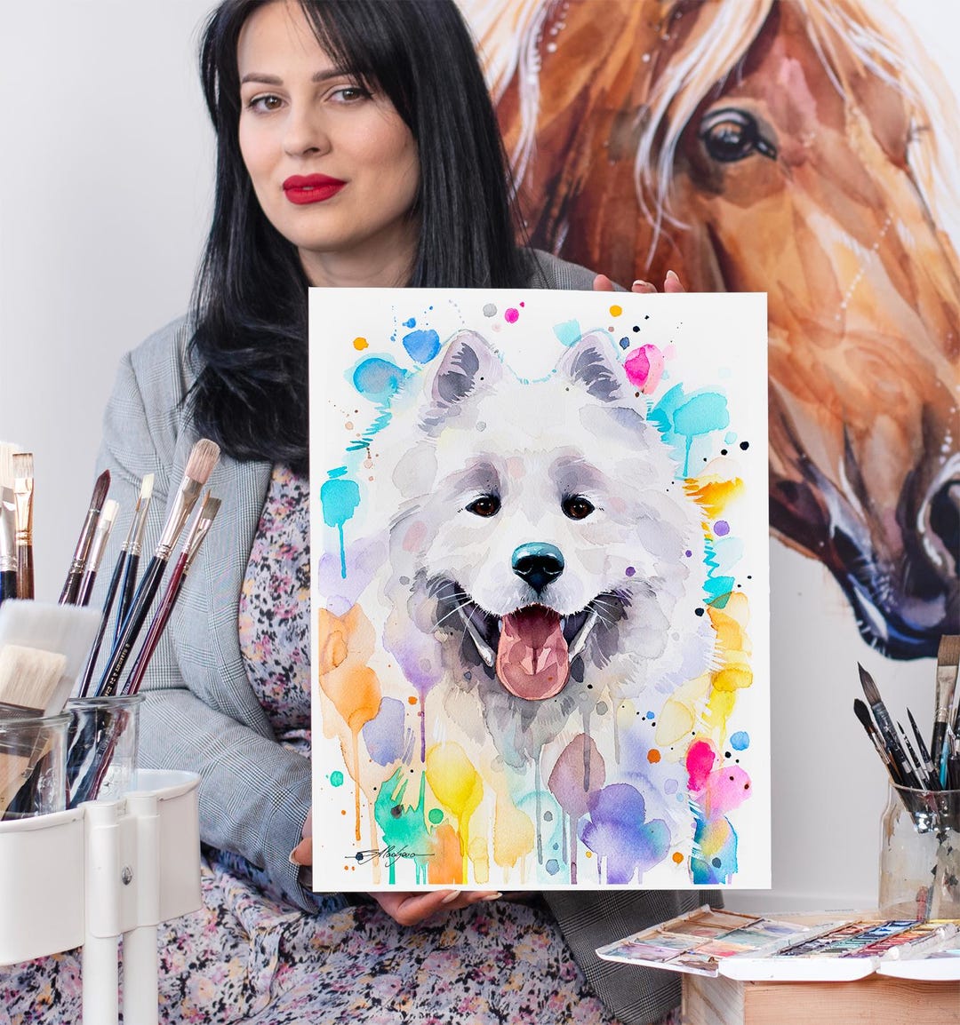 サモエド犬限定版水彩画アートプリントSlaveika Aladjova、アート