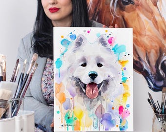 動物画、ペット画(本格水彩画) サモエド犬限定版水彩画アートプリントSlaveika Aladjova、アート