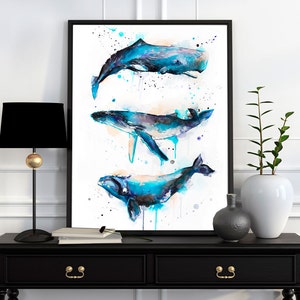 Sperm whale, Right whale,Humpback whale watercolor painting printby Slaveika Aladjova, art, animal, illustration, Sea art, sea life art, image 2