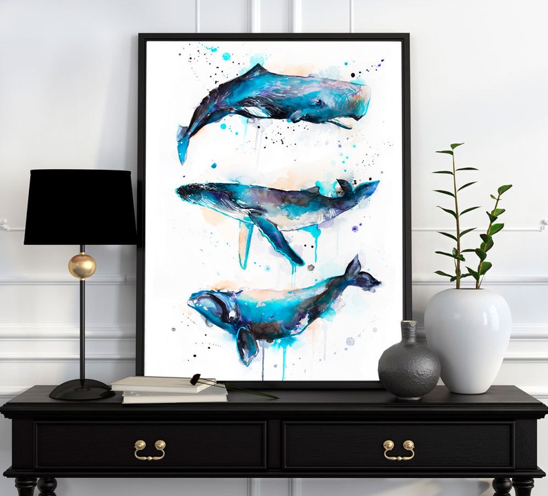 Sperm whale, Right whale,Humpback whale watercolor painting printby Slaveika Aladjova, art, animal, illustration, Sea art, sea life art, image 2