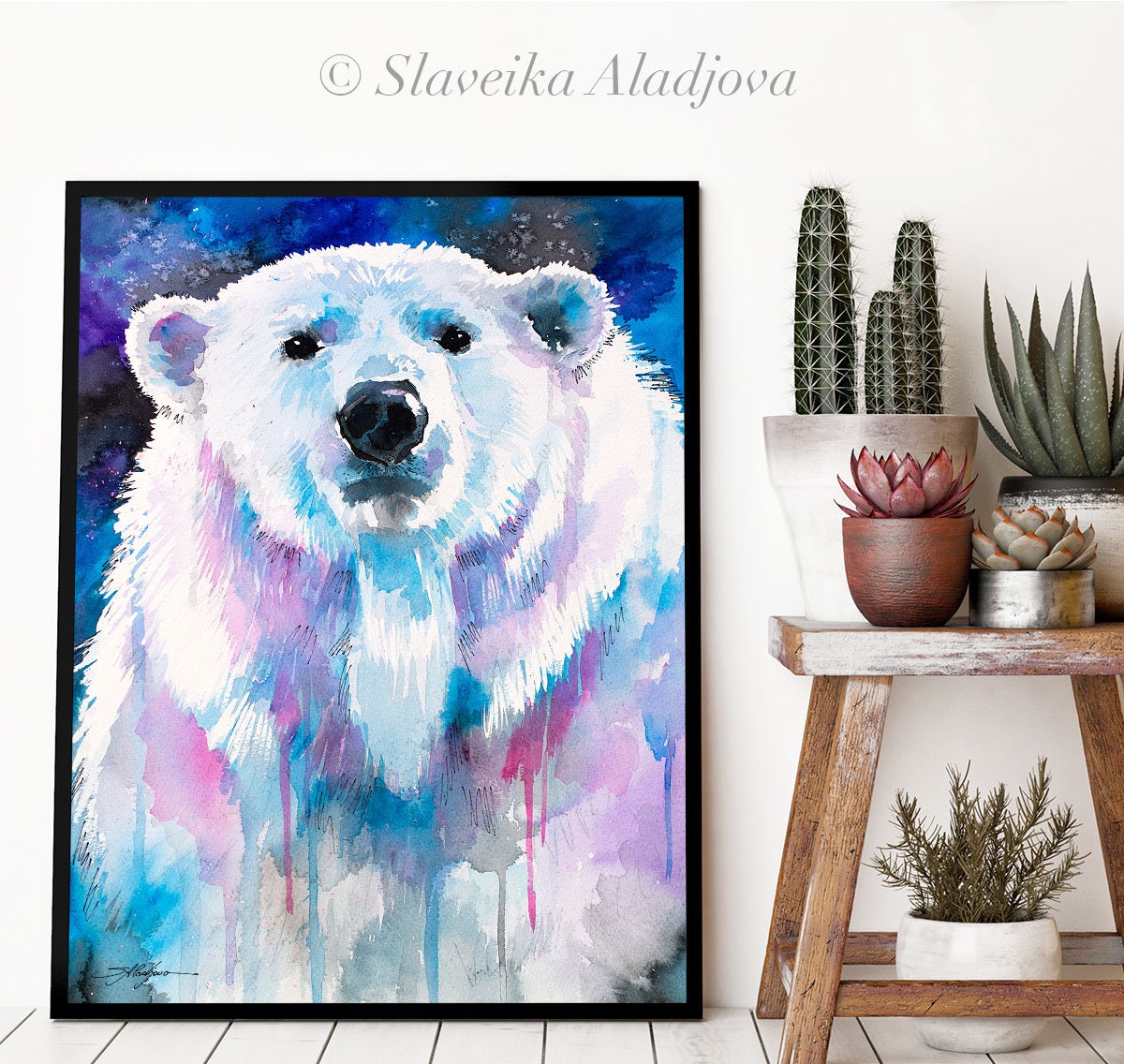 Slaveika Aladjova による青いシロクマの水彩画プリント、アート、動物