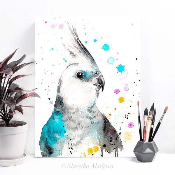 Cockatiel perroquet aquarelle peinture imprimer par Slaveika Aladjova, art, animal, illustration, oiseau, décoration à la maison, Faune, Contemporain