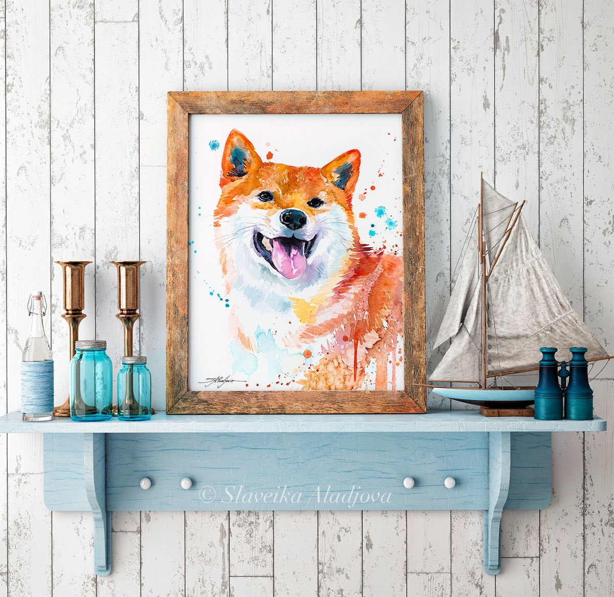スラヴェイカ・アラジョヴァ作「赤い柴犬」限定版水彩画アートプリント