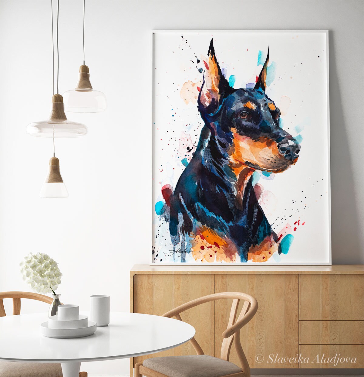 スラベイカ・アラジョワによるドーベルマンの水彩画プリント、動物