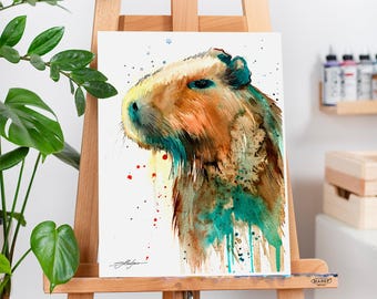 Capybara watercolor painting print by Slaveika Aladjova, art, animal, illustration, home decor, Nursery, gift, Wildlife, wall art,