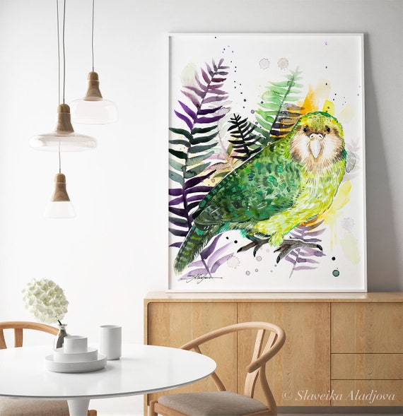 カカポ、フクロウオウム、Slaveika Aladjovaによる限定版水彩画アート
