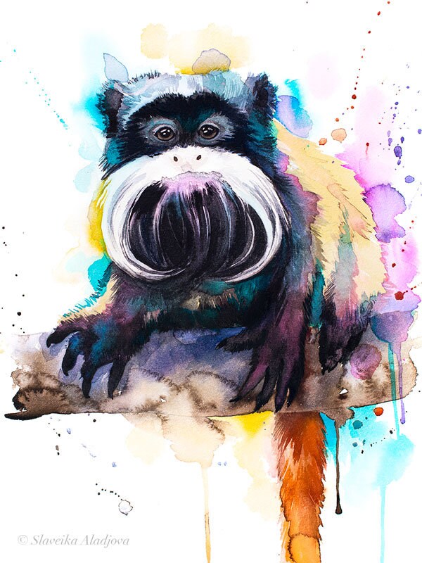 Emperor Tamarin Watercolor Painting Print by Slaveika Aladjova, Art ...