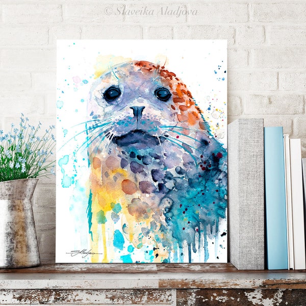 Harbor seal watercolor painting print by Slaveika Aladjova, art, animal, illustration, Sea art, sea life art, home decor, Wall art