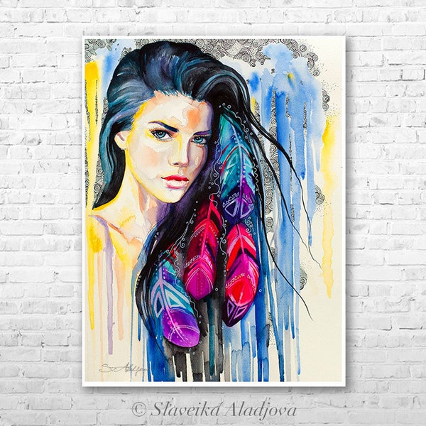 Colorful Feathers watercolor painting print by Slaveika Aladjova, Fashion Illustration, Illustration, watercolour, wall art, home decor