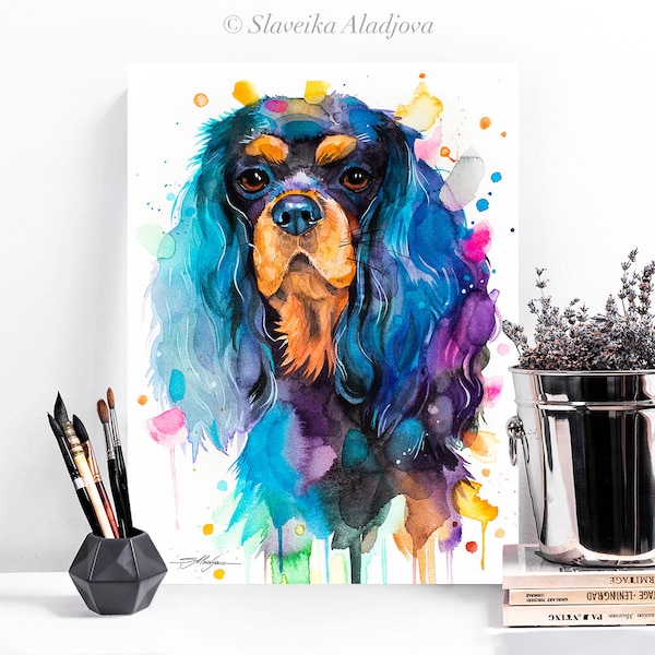 Cavalier King Charles Spaniel noir et feu, impression de peinture à l'aquarelle pour chien par Slaveika Aladjova, illustration d'art, décoration d'intérieur, Contemporain