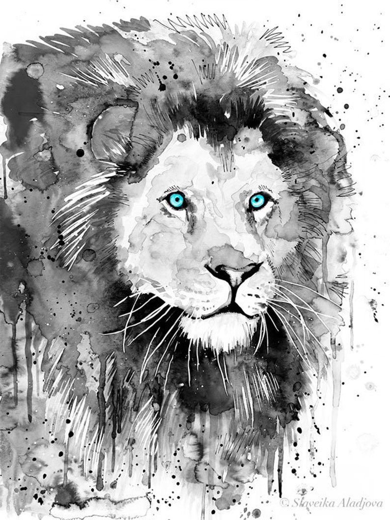 Black and White Lion Watercolor Painting Print by Slaveika Aladjova ...