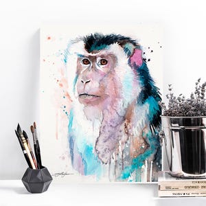 Macaque watercolor painting print by Slaveika Aladjova, art, animal, illustration, home decor, Nursery, gift, Wildlife, wall art,monkey art