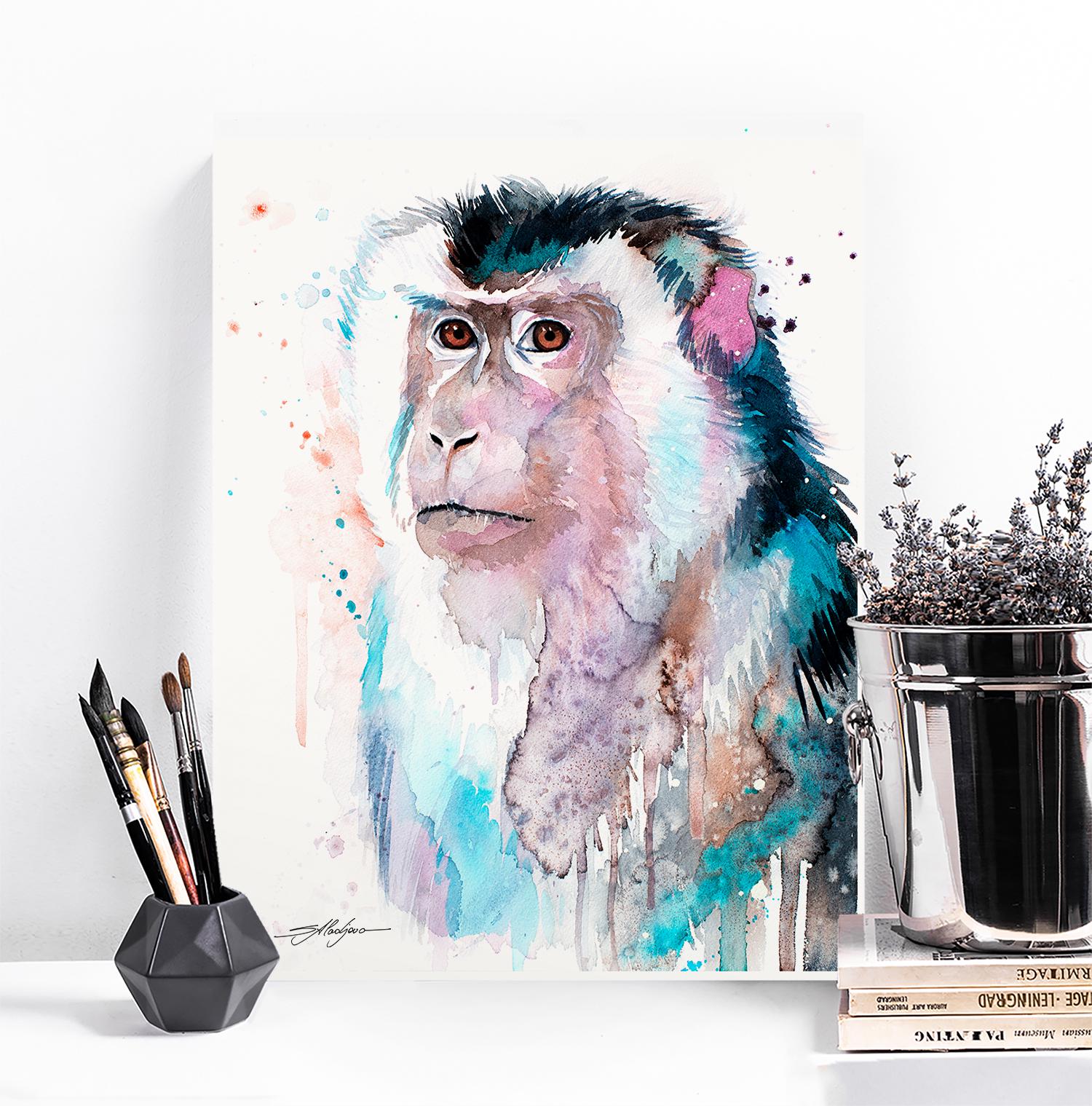 Macaque Watercolor Painting Print by Slaveika Aladjova, Art, Animal ...