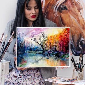 スラヴェイカ・アラジョワによる川の風景の水彩画のプリント、イラスト、現代、自然アート、風景、オリジナル