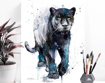Black panther watercolor painting print by Slaveika Aladjova, art, animal, illustration, home decor, Nursery, gift, Wildlife, wall art, cat
