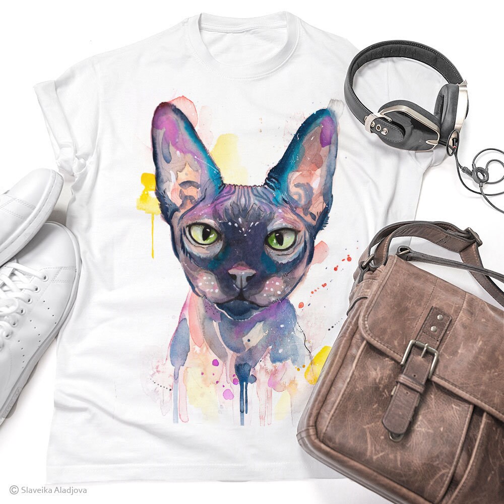 Sphynx cat Tshirt, Unisex Tshirt, ring spun Cotton 100, watercolor