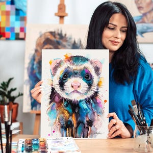 Frettchen Aquarell Druck von Slaveika Aladjova, Kunst, Tier, Illustration, Wohnkultur, Kinderzimmer, Geschenk, Wildtiere, Wandkunst