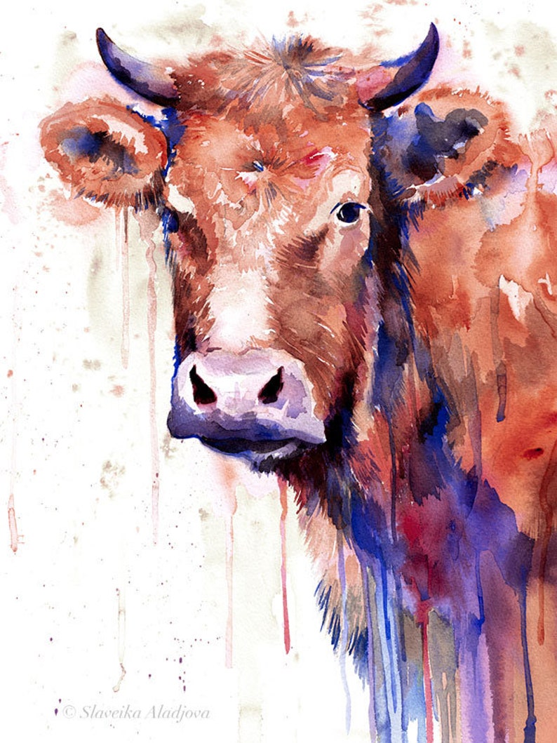 Brown cow watercolor painting print by Slaveika Aladjova art Etsy