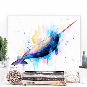 Narwhal watercolor painting print by Slaveika Aladjova, art, animal, illustration, Sea art, sea life art, home decor, Wall art