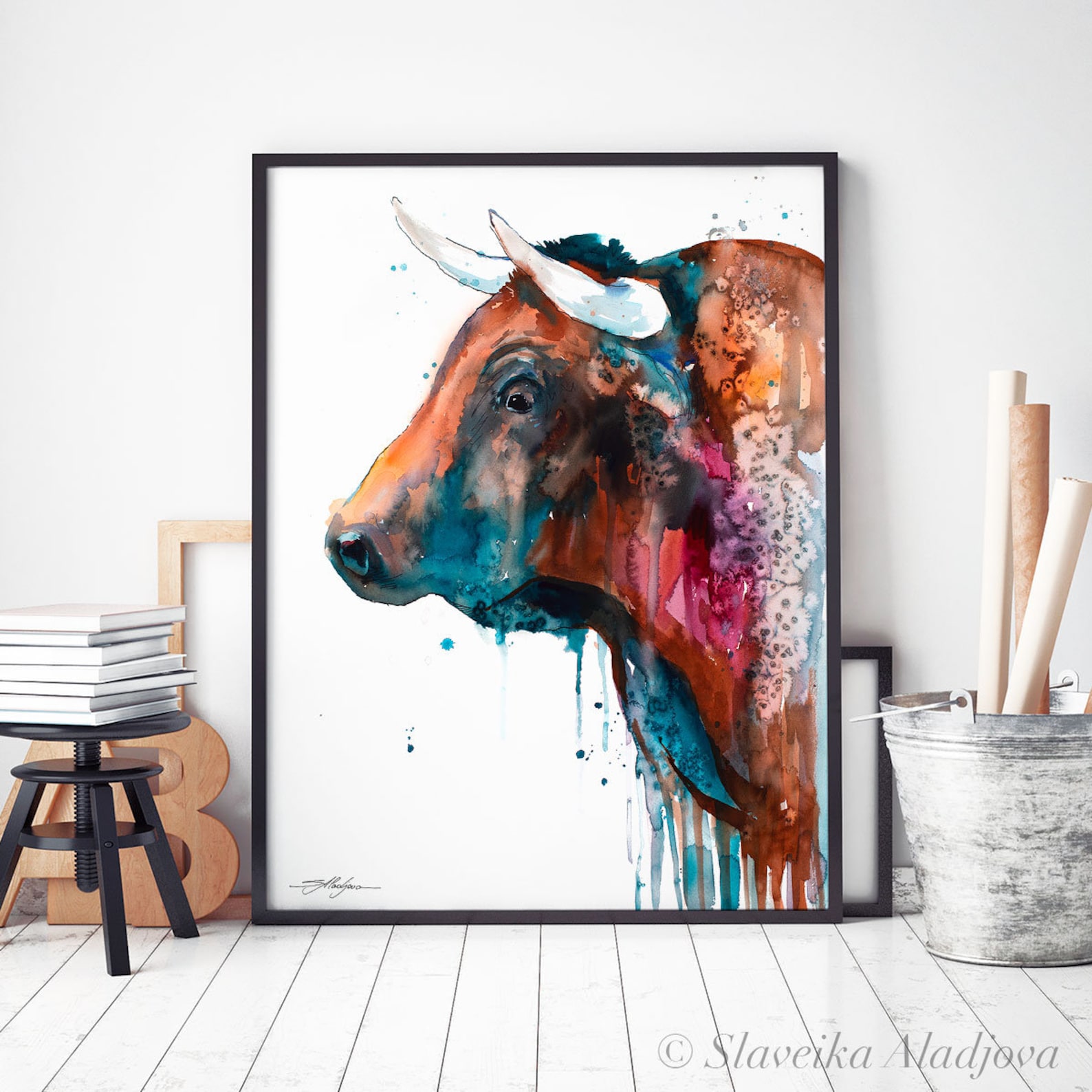 Brown Bull Watercolor Painting Print by Slaveika Aladjova, Art, Animal ...