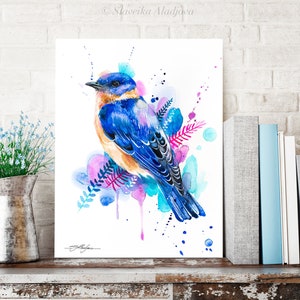 Bluebird watercolor painting print by Slaveika Aladjova, art, animal, illustration, bird, home decor, wall art, portrait