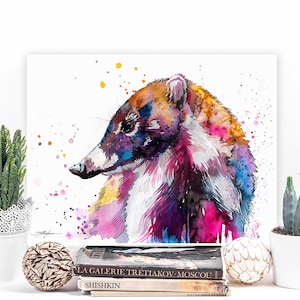 Coati watercolor painting print by Slaveika Aladjova, art, animal, illustration, home decor, wall art, gift, portrait, Contemporary