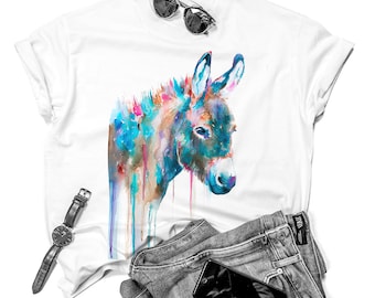 Donkey T-shirt, Watercolor ladies' T-shirt, women's tees, Donkey Lover Gift, Funny Donkey T-Shirt, ring spun Cotton 100%, watercolor print