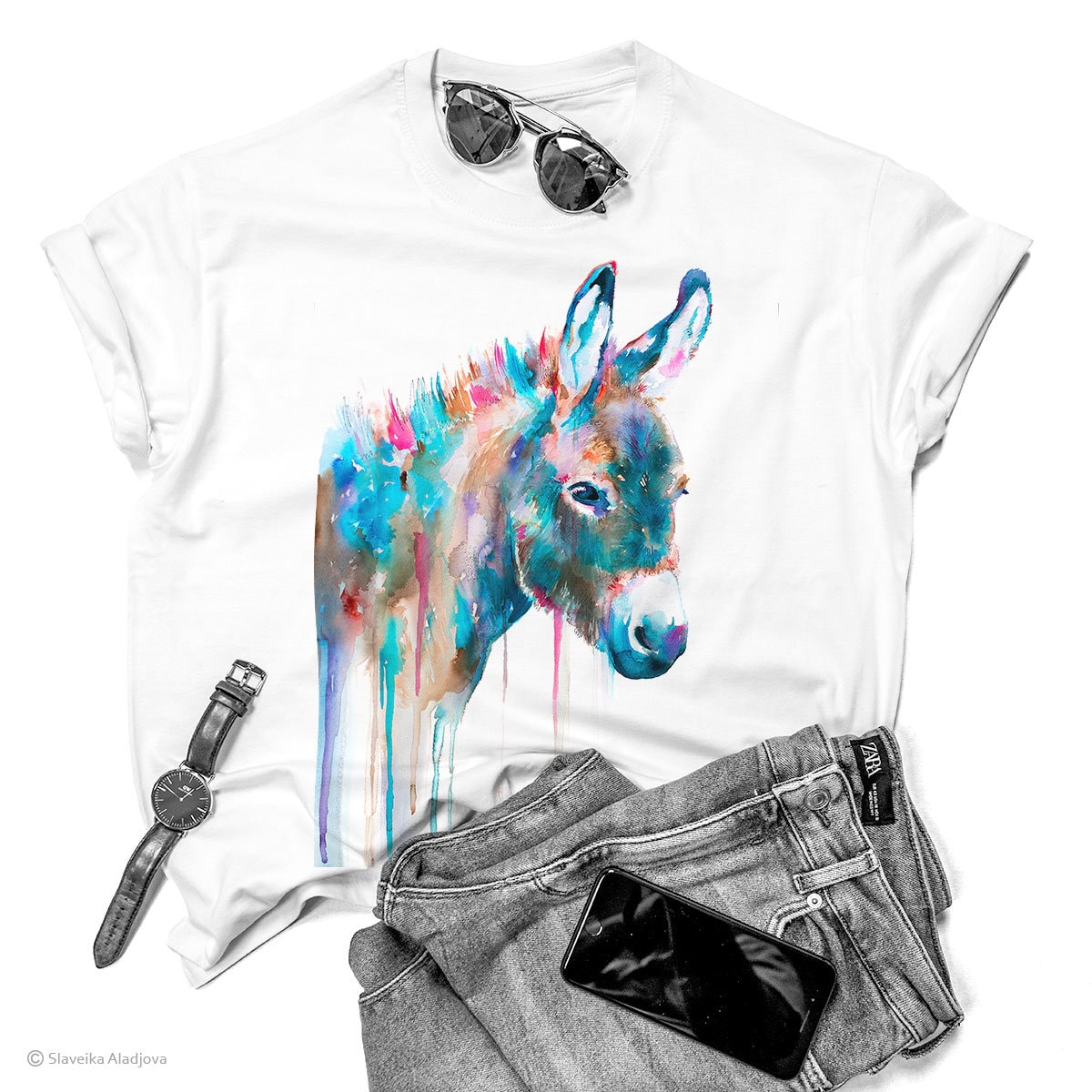 Donkey T-shirt, Watercolor Ladies' T-shirt, Women's Tees